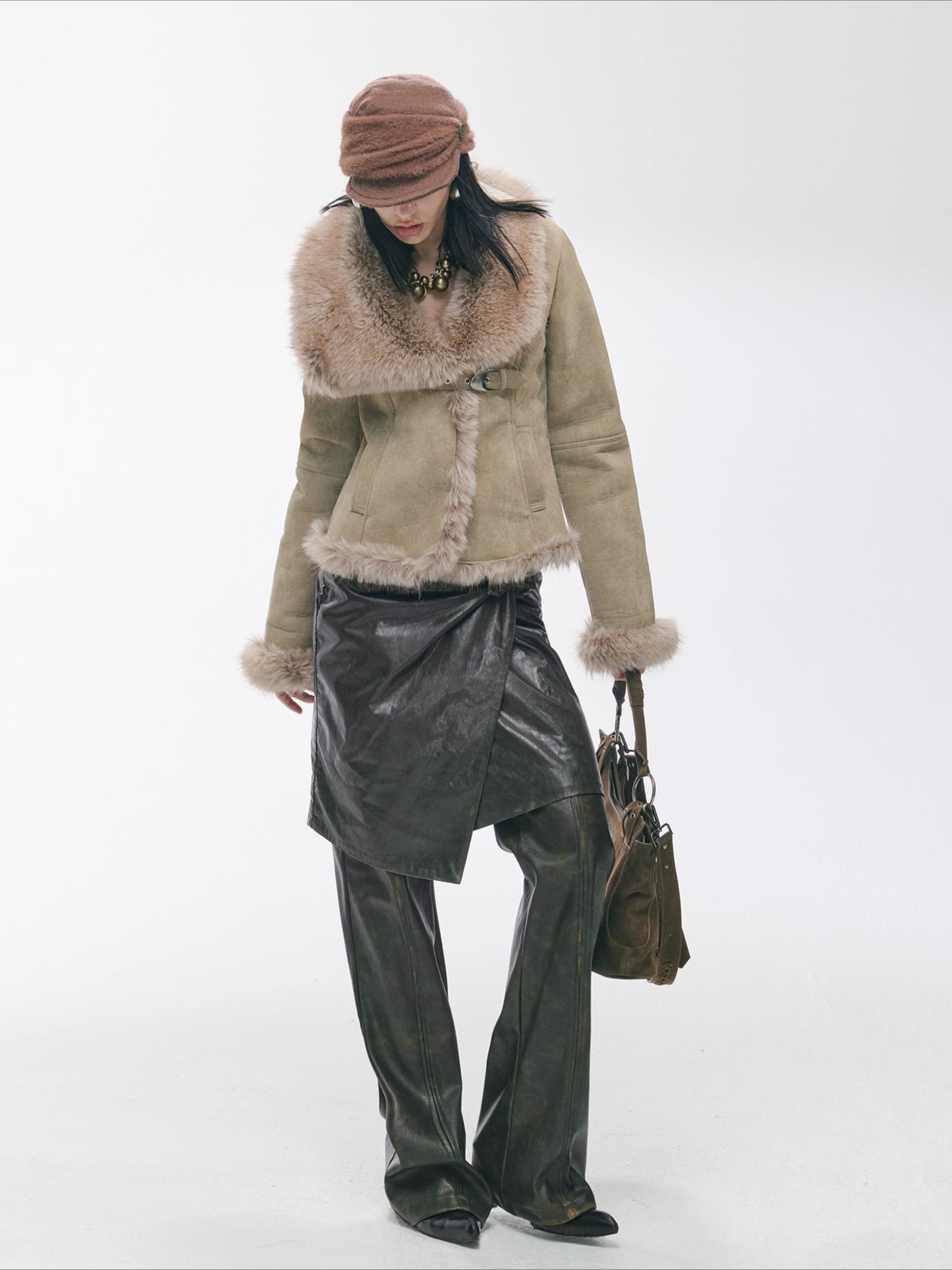 Vintage Asymmetric Shearling-Effect Suede Jacket