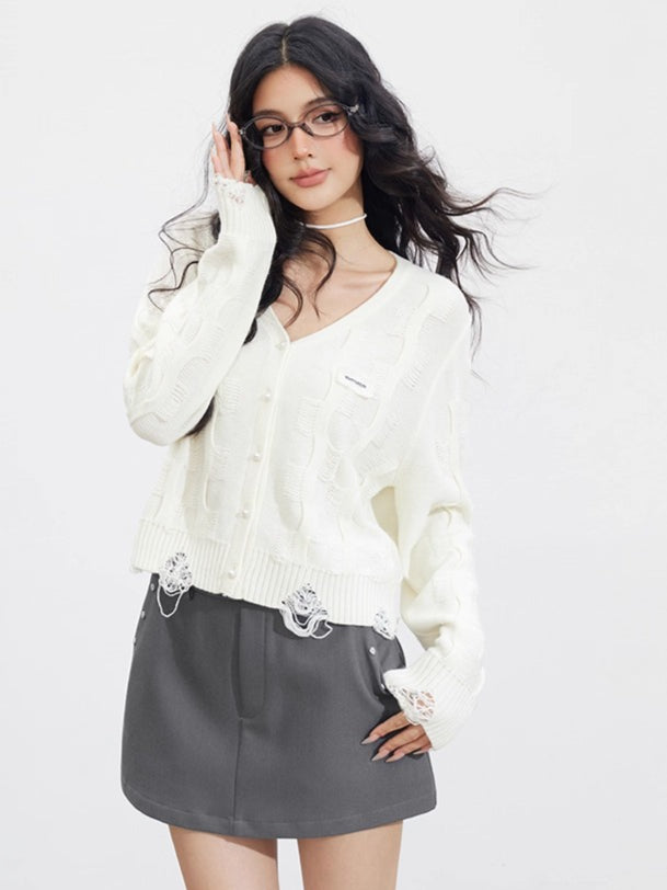 Distressed V-Neck Knit Cardigan