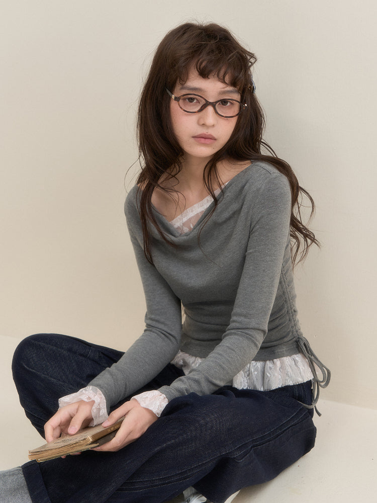 Lace Faux Two-Piece Long Sleeve T-shirt - CHINASQUAD