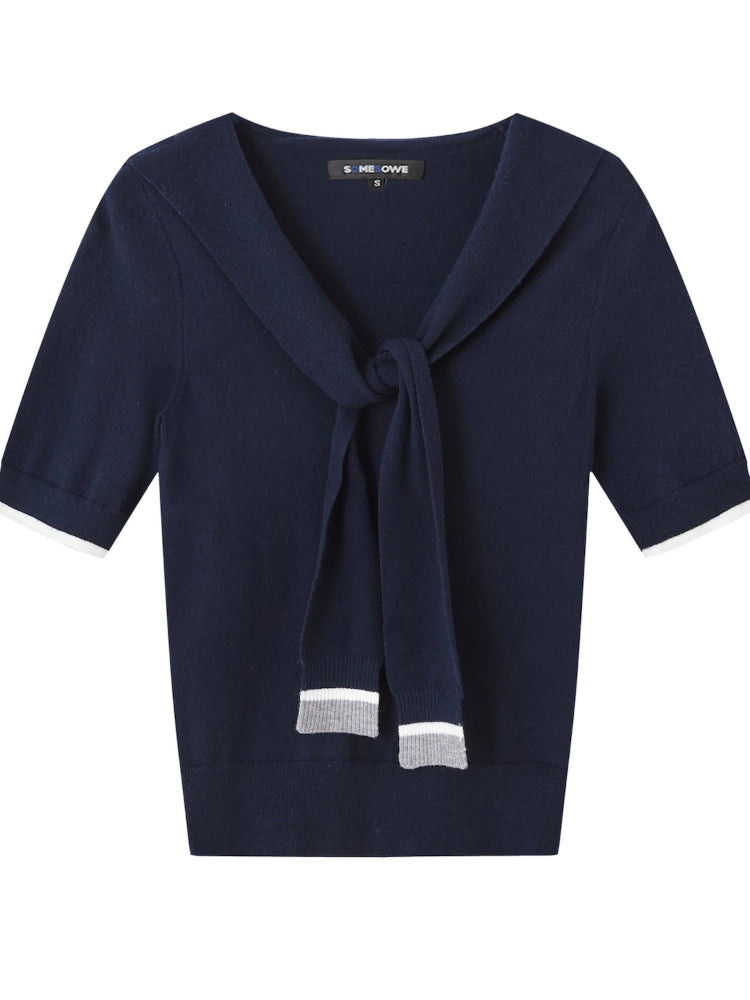 Preppy Style Collared Tie Knit Top - CHINASQUAD