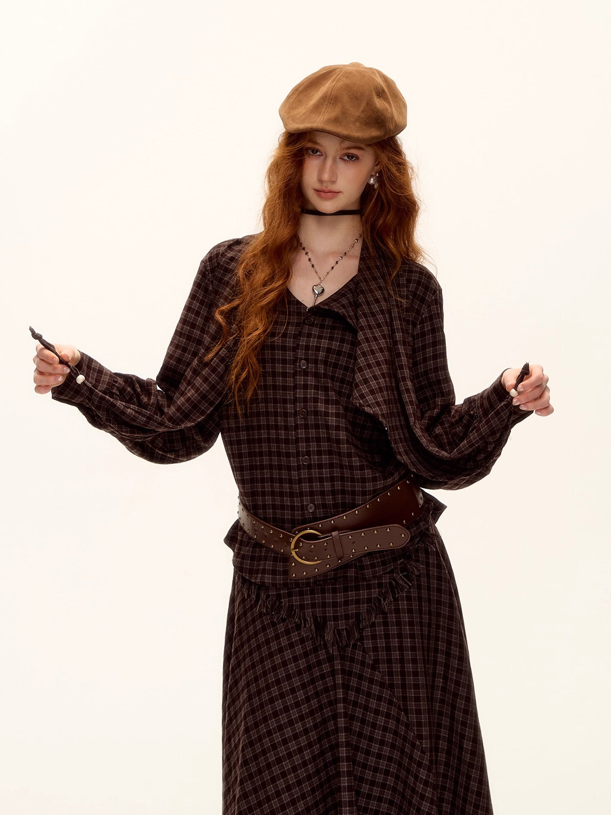 Vintage Plaid Beaded Tie-Scarf Shirt