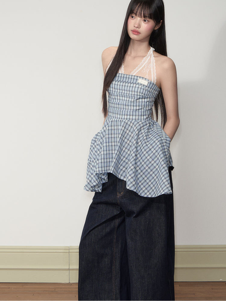 Blue Checkered Lace-Trimmed Camisole Top