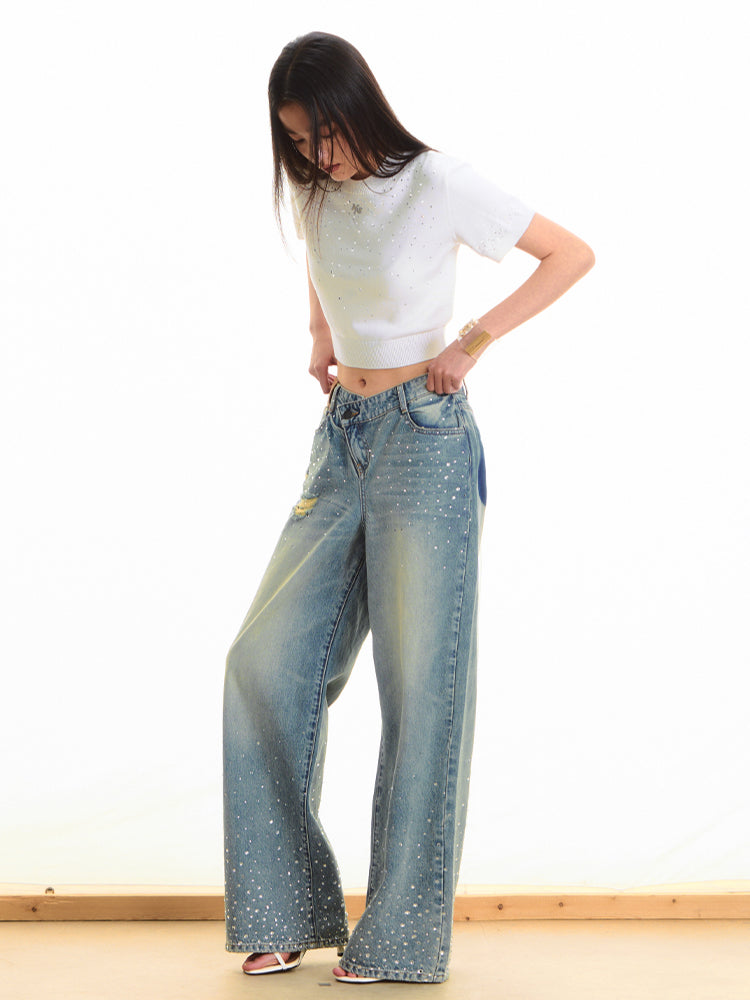 Washed Rhinestone Straight-Leg Wide-Leg Pants - CHINASQUAD