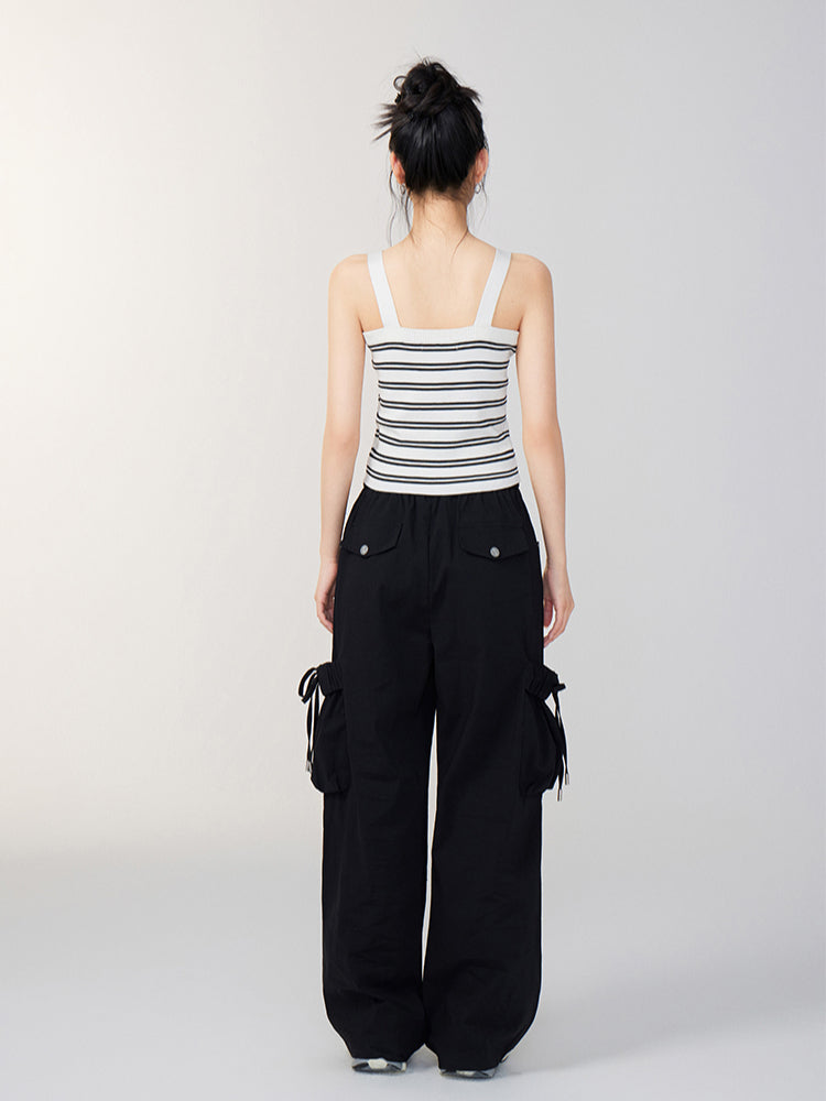 Bowknot Tie Waist Cargo Wide-Leg Pants - CHINASQUAD