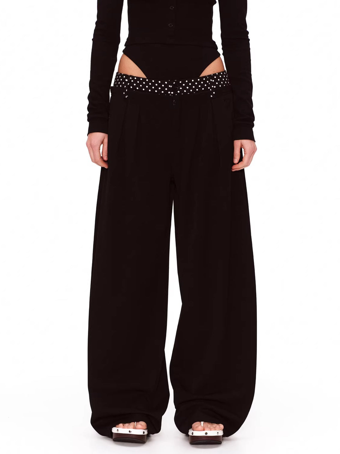 Double-Waist Polka Dot Wide-Leg Trousers