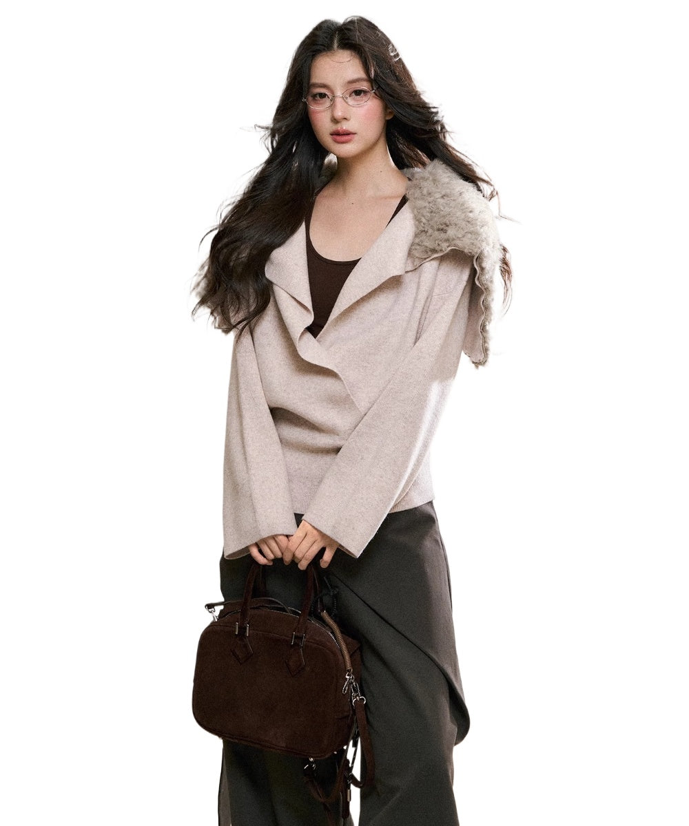 Faux Fur Collar Wrap Knit Cardigan - CHINASQUAD