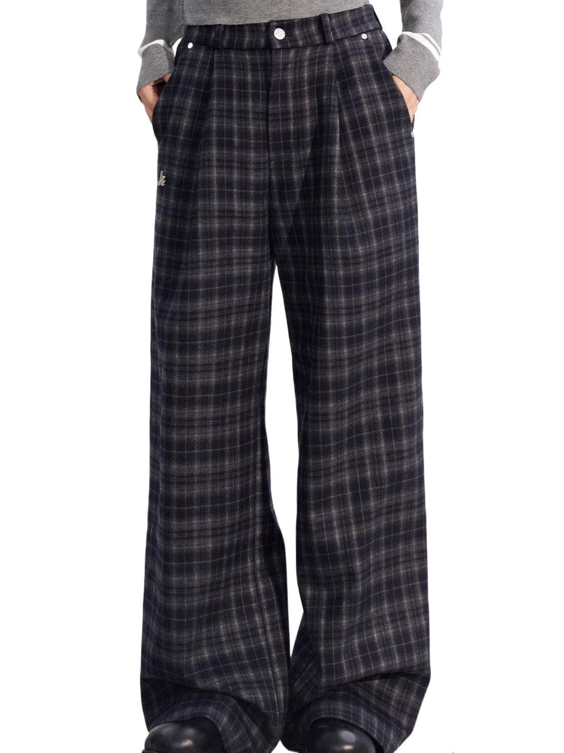 Plaid Fleece-Lined Wide-Leg Trousers