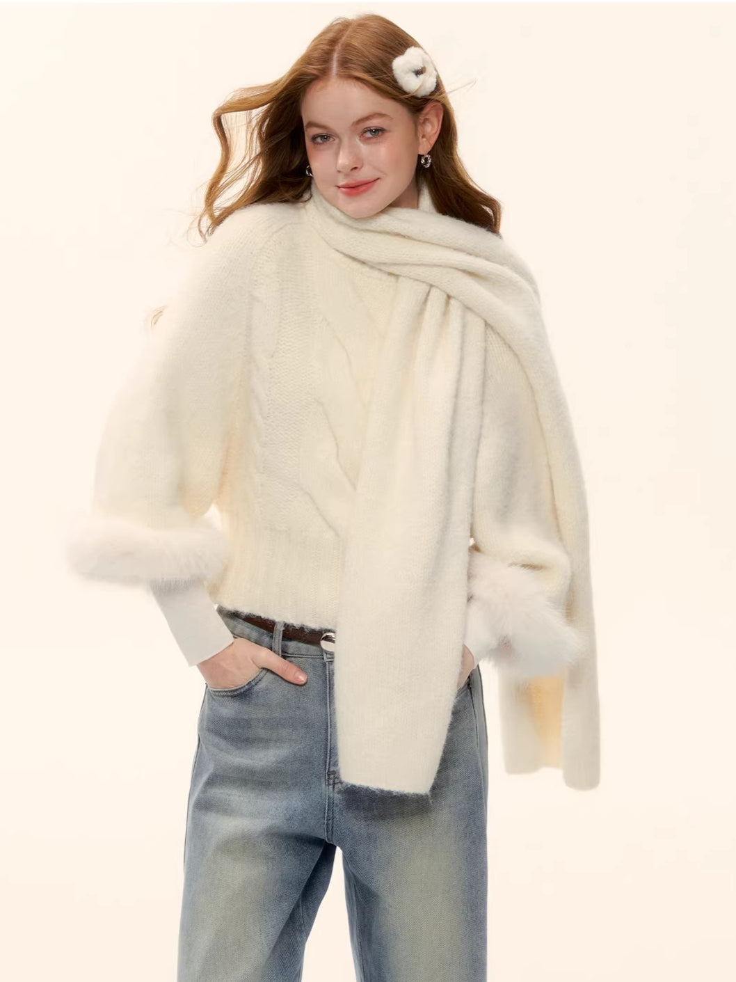 Wool-Blend Cable-Knit Batwing Scarf Sweater