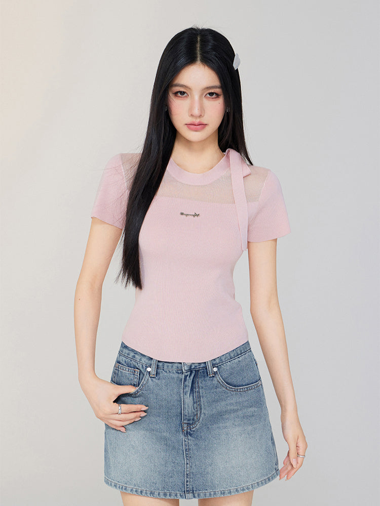 Hollow-out Tie-up Knit Round Neck Short Sleeve Top - CHINASQUAD