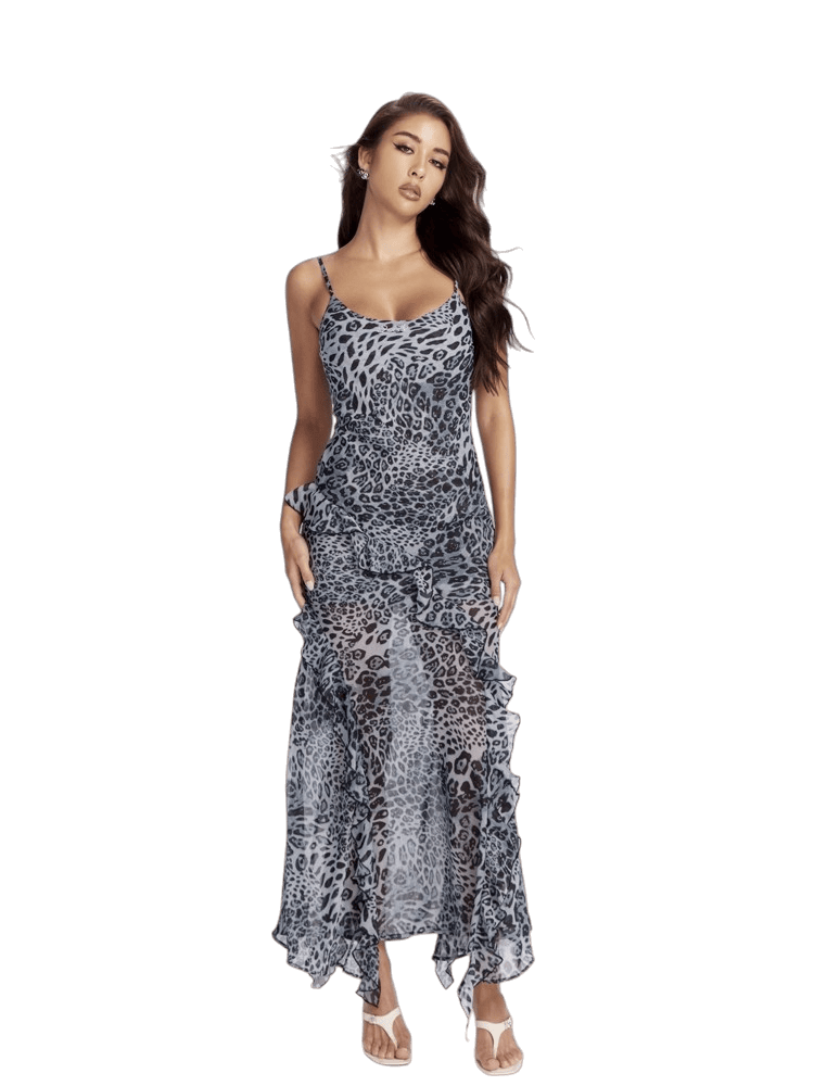 Blue Leopard Ruffle Maxi Dress