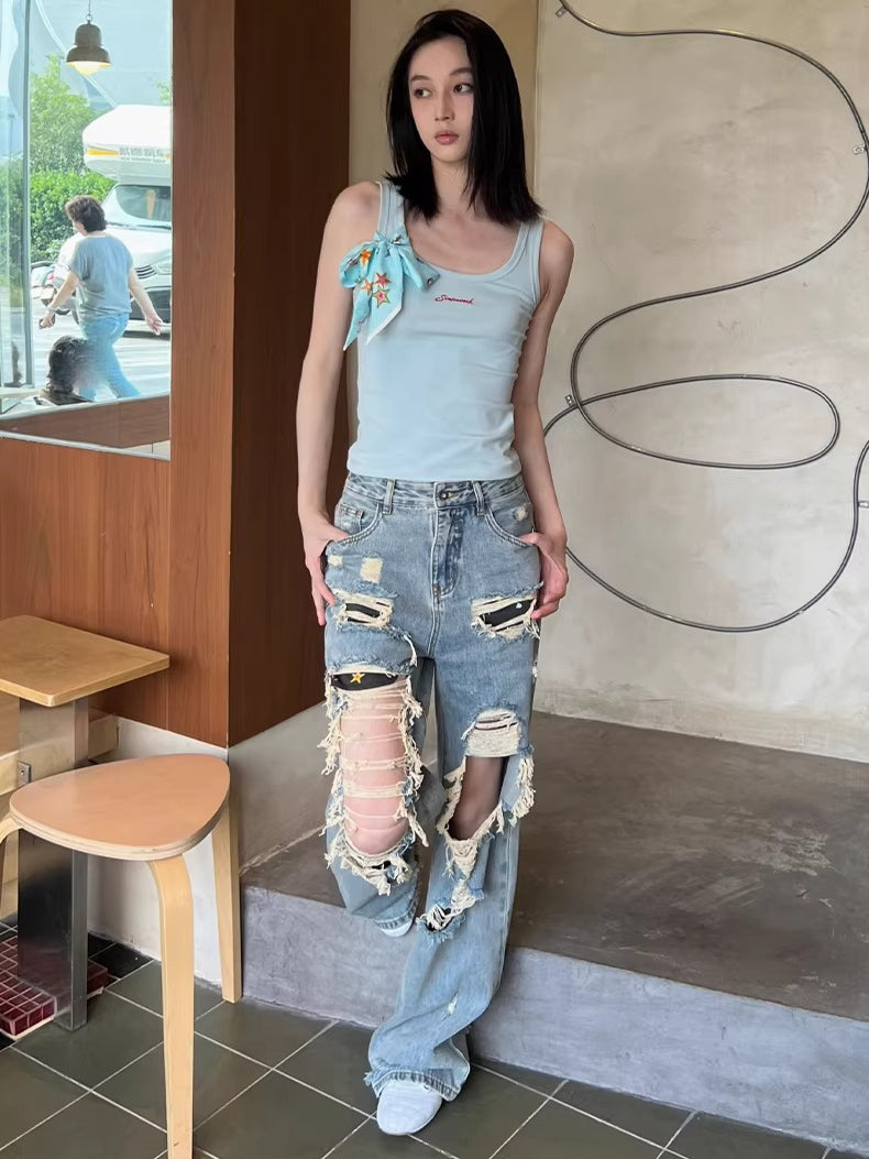 Straight-Leg Distressed Denim Jeans