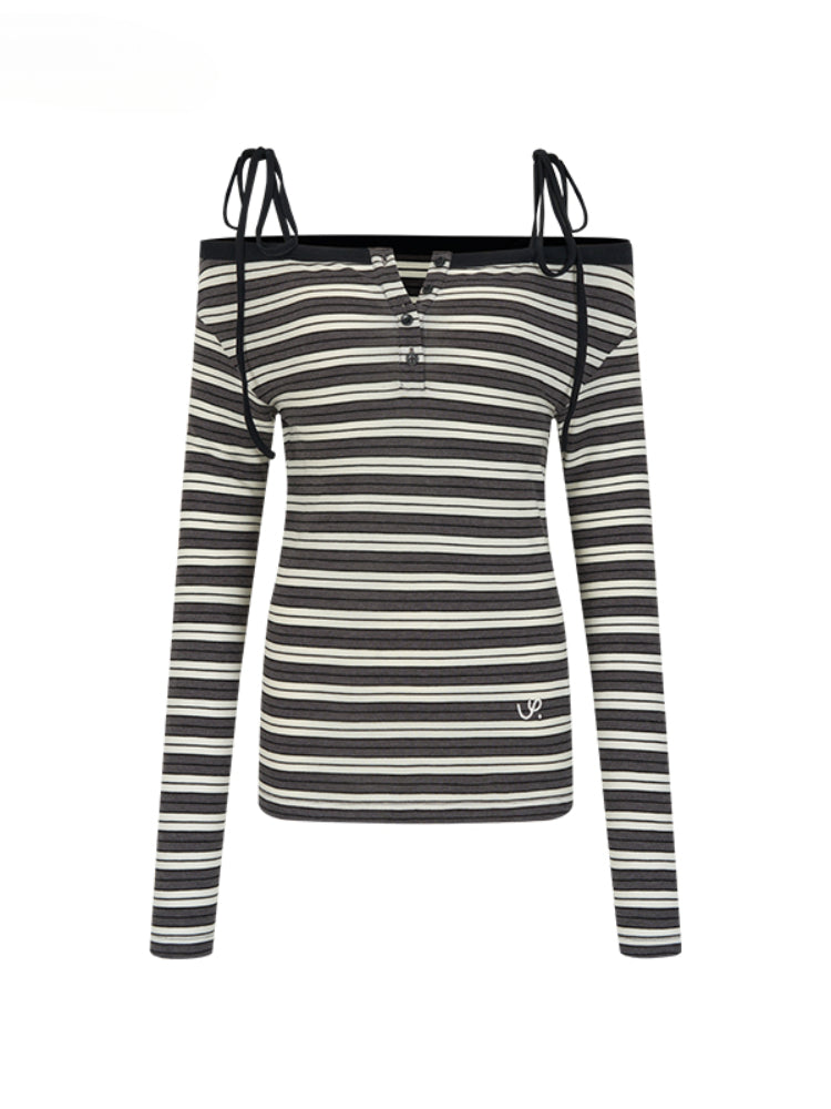 Tie-Button Off-Shoulder Long-Sleeve T-shirt - CHINASQUAD