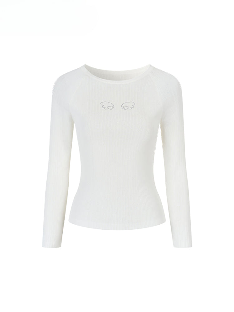 Rhinestone Heart Wings Slim Long-sleeved T-shirt - CHINASQUAD