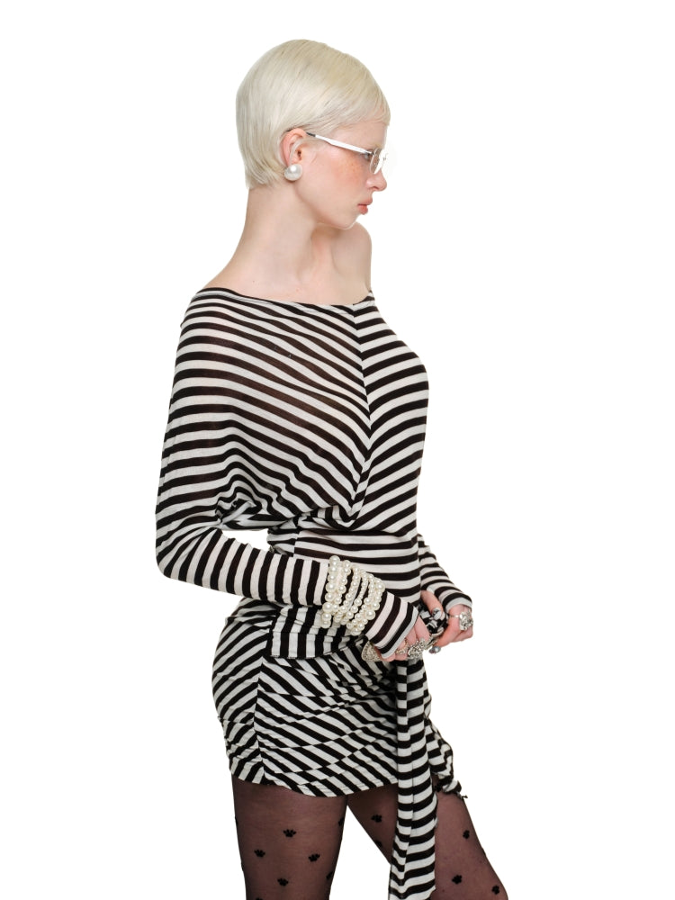 Black & White Striped Asymmetrical Dress - CHINASQUAD