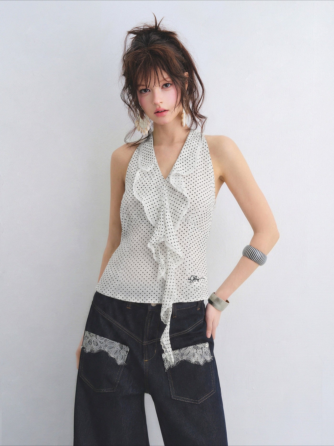 Polka Dot Lace Ruffle V-Neck Camisole