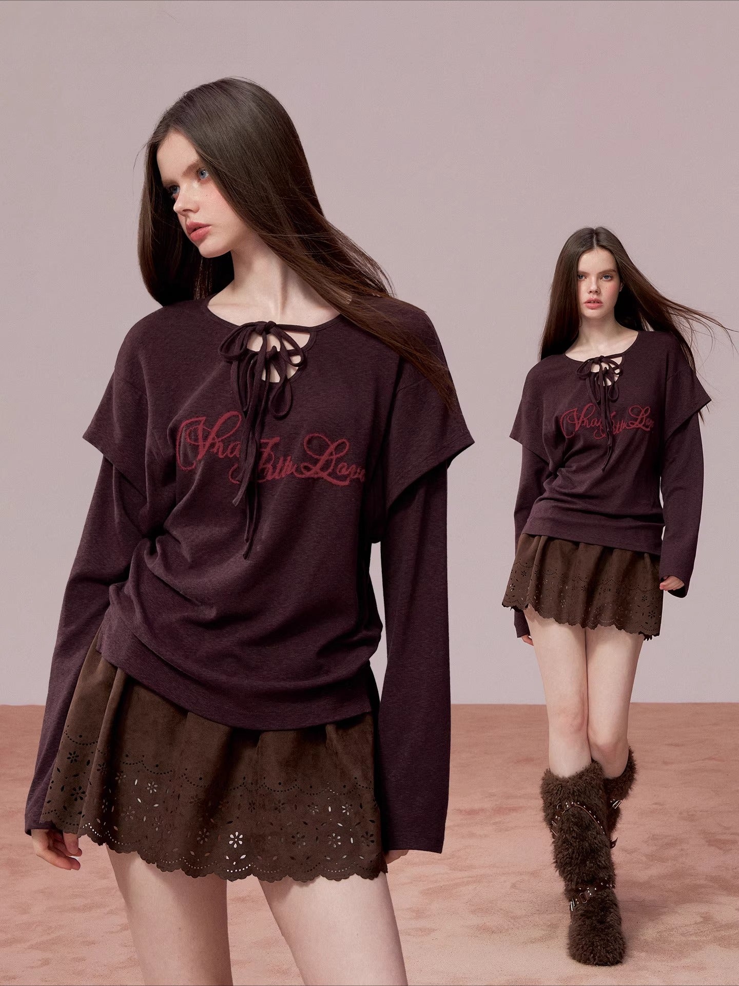 Embroidered Tie-Detail Long-Sleeve T-Shirt