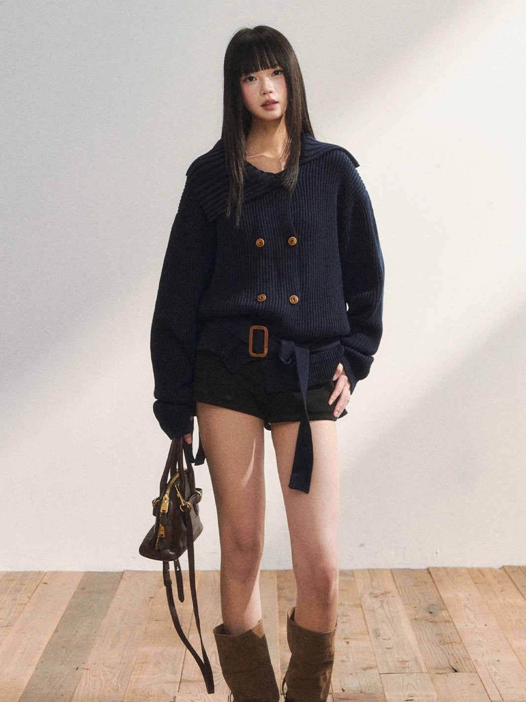 Double-Breasted Belted Knit Cardigan