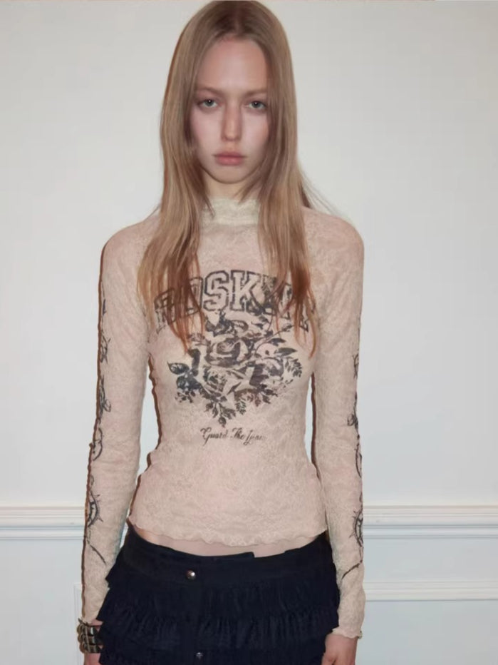 Vintage Rose Lace Print Sheer Base-Layer