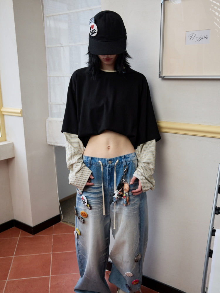 Fake Two-Piece Contrast Color Loose Striped T-Shirt - CHINASQUAD