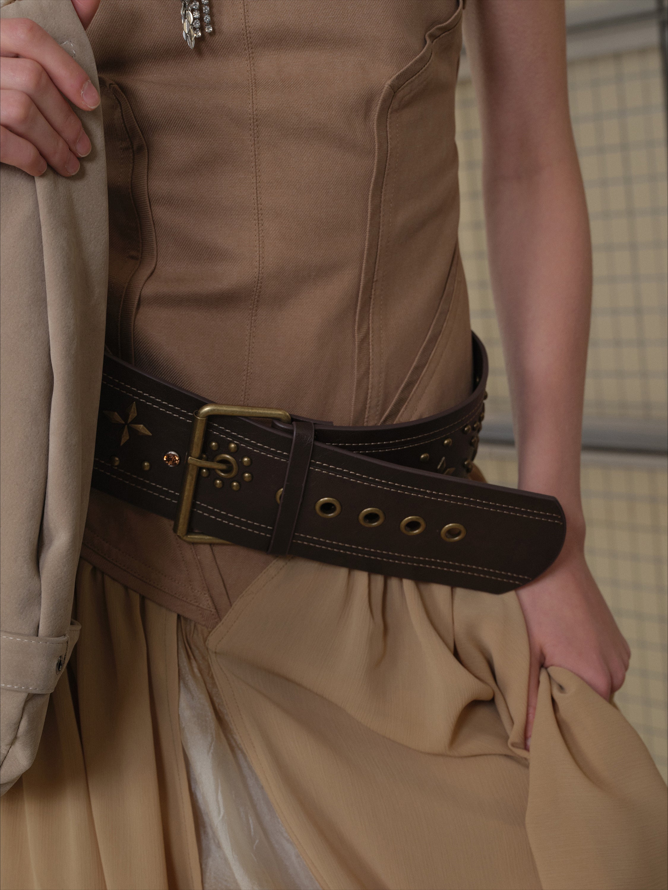 Punk Vintage Contrast Studded Rhinestone Wide Belt - CHINASQUAD