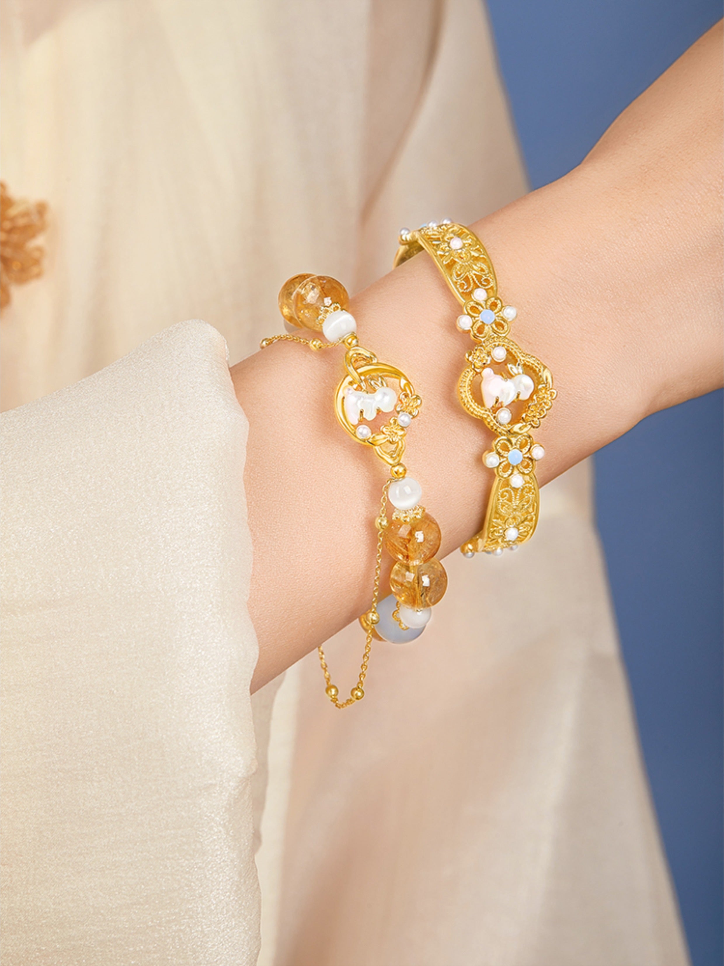 Moon Laurel Rabbit Jade Bracelet & Bangle Set - CHINASQUAD