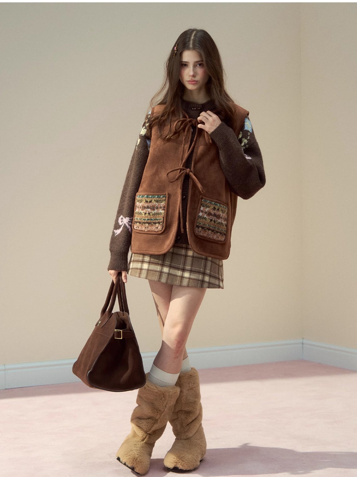 Mocha Fair Isle Reversible Tie-Front Shearling Vest - CHINASQUAD