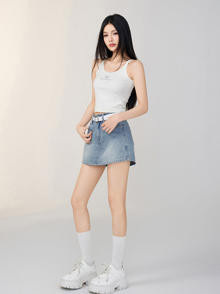 High-Waisted A-Line Denim Skirt Pants - CHINASQUAD