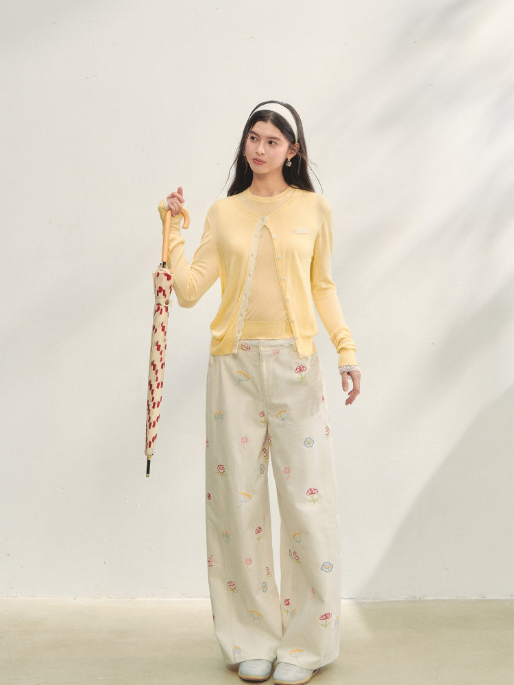 Floral Embroidered Casual Straight-leg Pants - CHINASQUAD