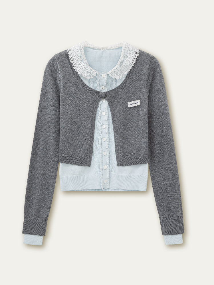 Lace Collar Fake Two-piece Cardigan - CHINASQUAD
