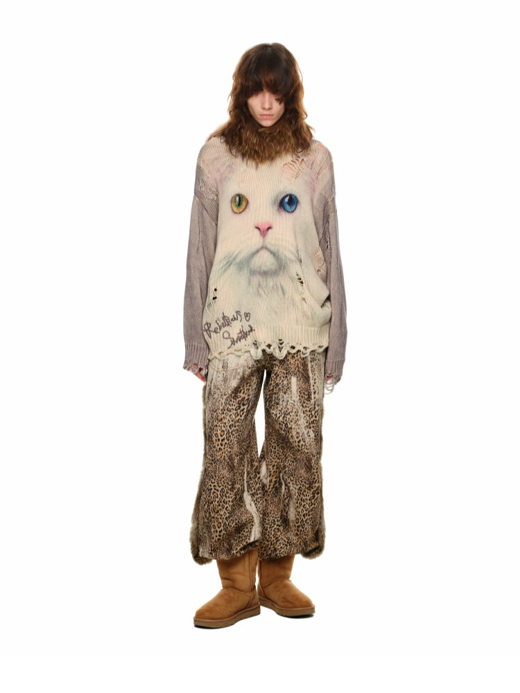 Cat Print Distressed Knit Sweater - CHINASQUAD