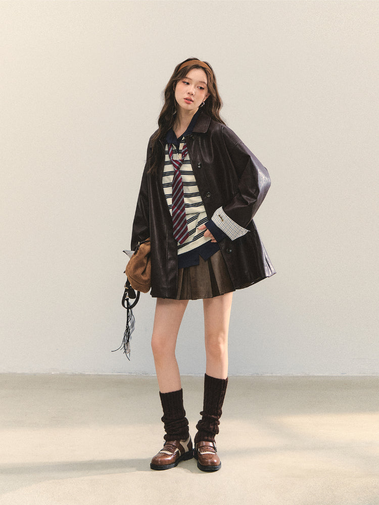 Black H-shaped Cuff Checkered Spliced Leather Jacket - CHINASQUAD