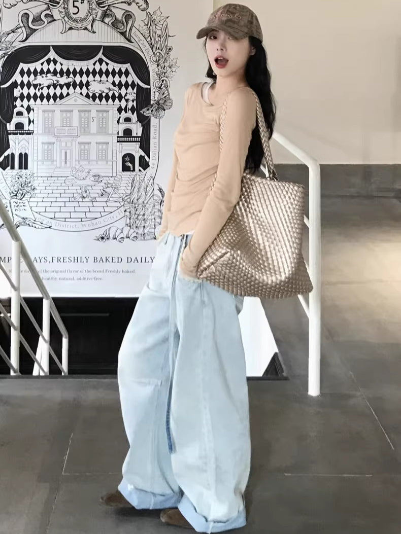 Washed Pleated Banana-Fit Denim Pants