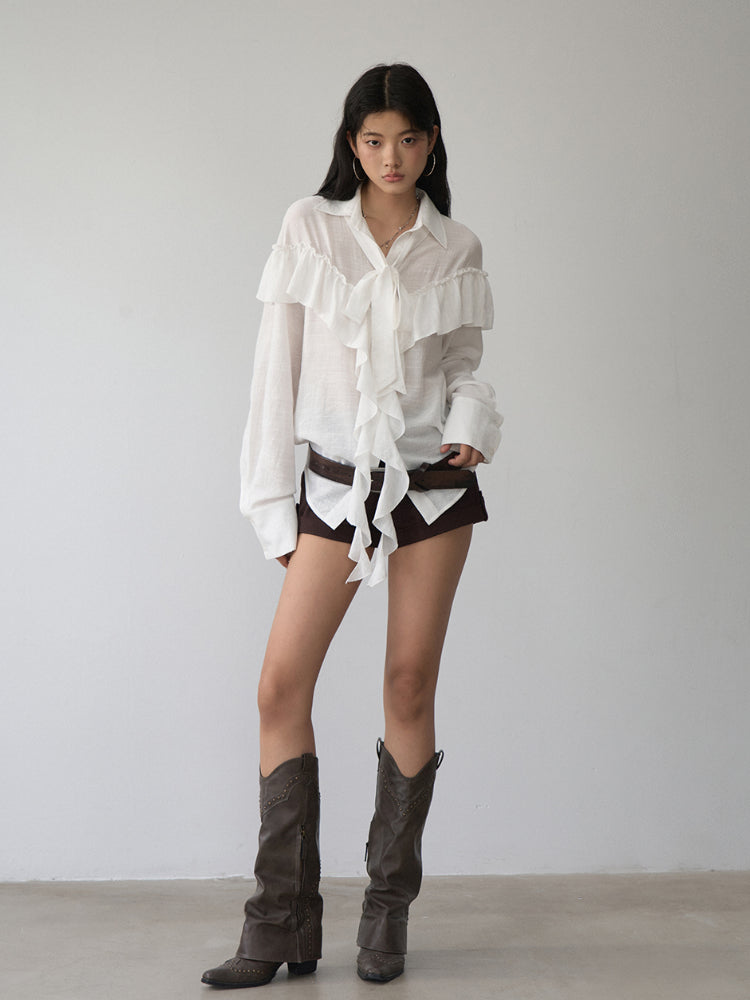 White Ruffled Drawstring Long-Sleeve Shirt - CHINASQUAD