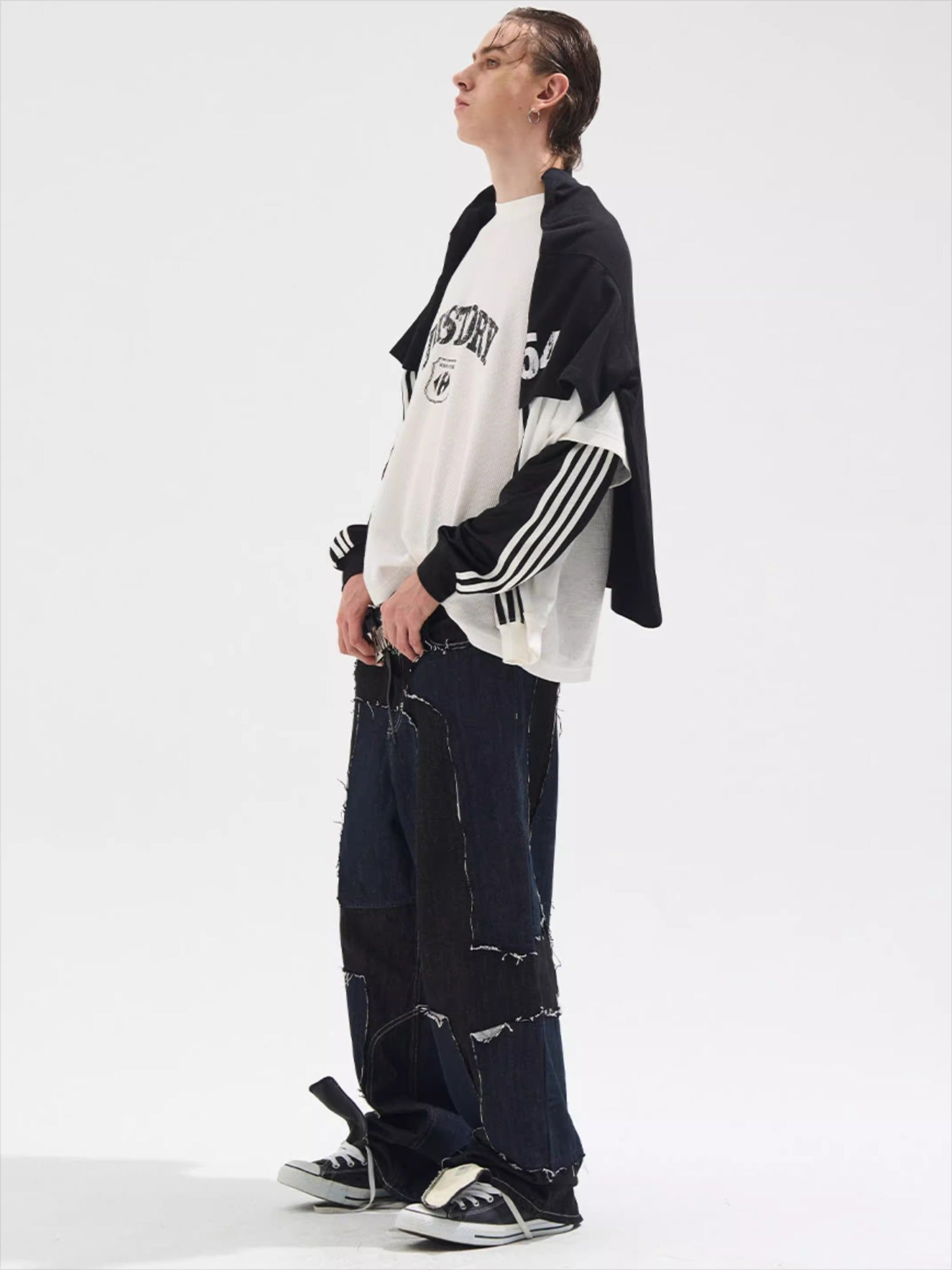 Faded Print Layered-Effect Patchwork Long Sleeve T-Shirt - CHINASQUAD