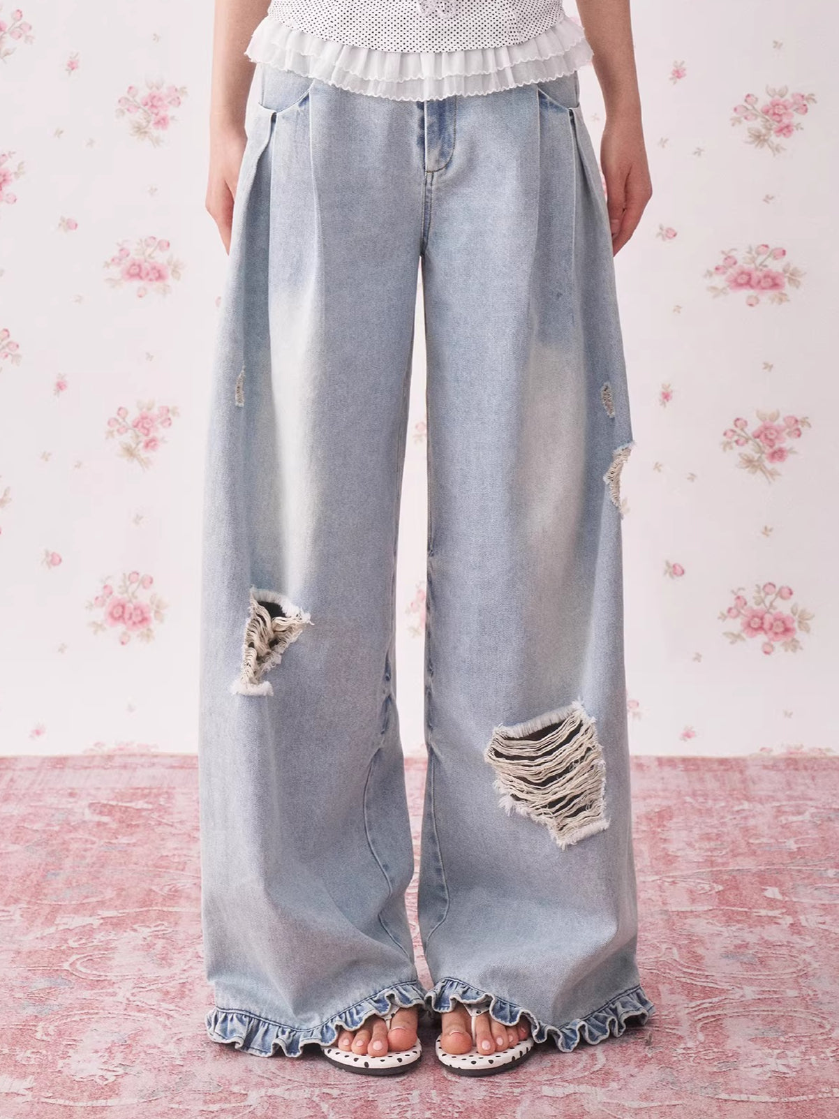 Vintage Distressed Wide-Leg Denim Jeans