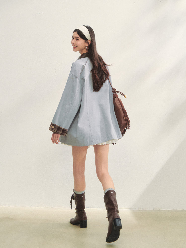Plaid Patchwork Color-Block Trench Coat - CHINASQUAD