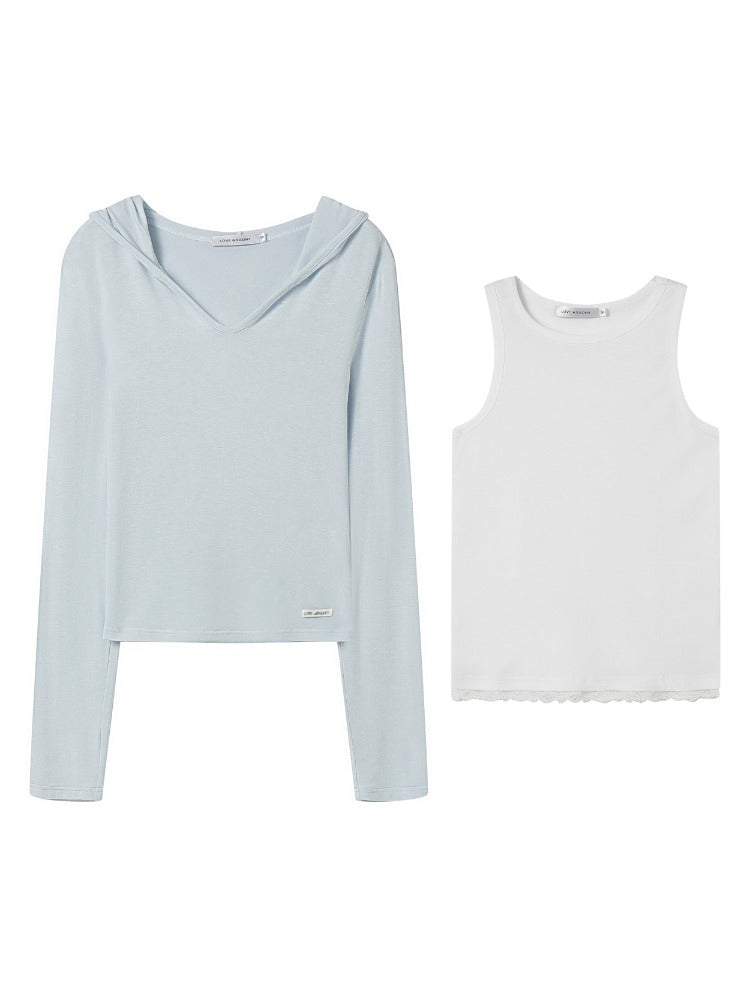 Dual-Layer Hooded Lace Trim Top - CHINASQUAD