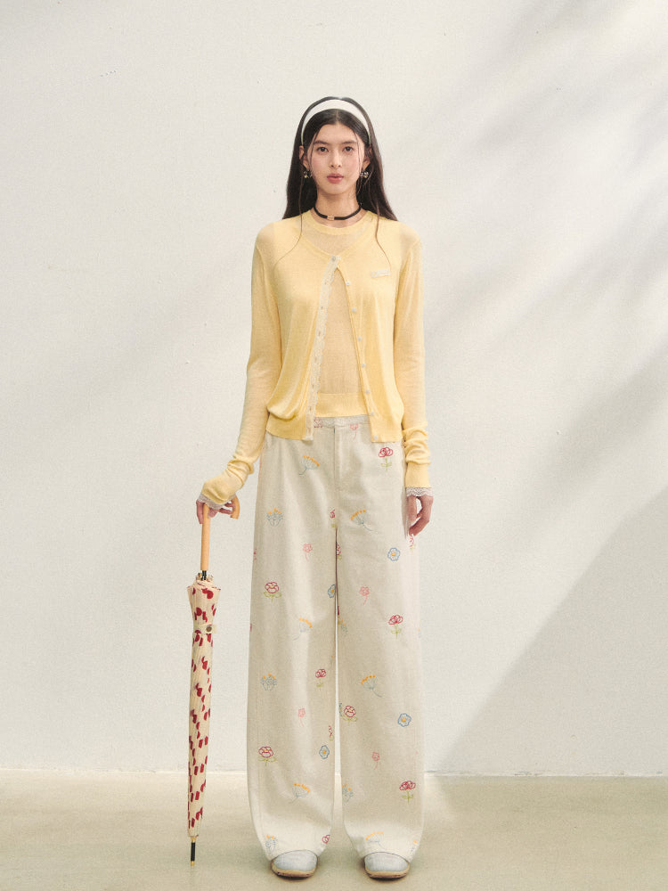 Lace Trimmed Crew Neck Knitted Cardigan Set - CHINASQUAD