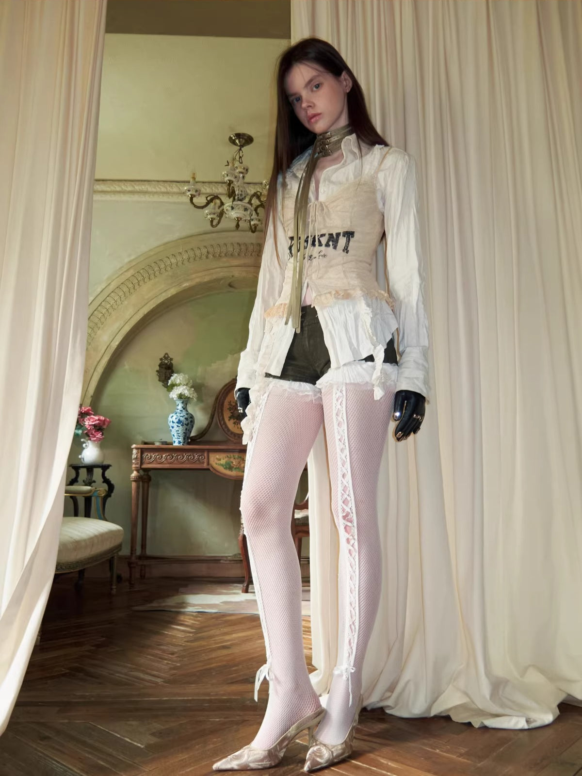 Lace-Up Letter Print Corset Camisole