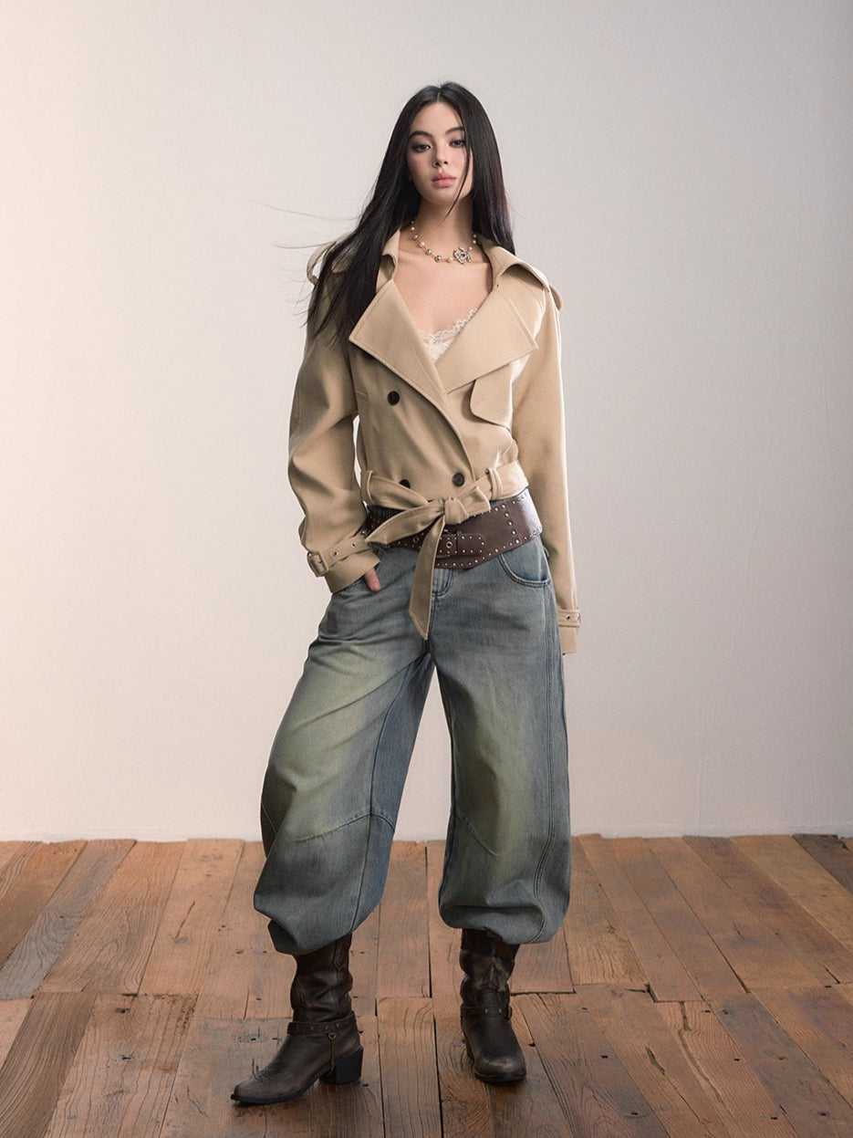 Lapel Collar Belted Cropped Trench Jacket - CHINASQUAD