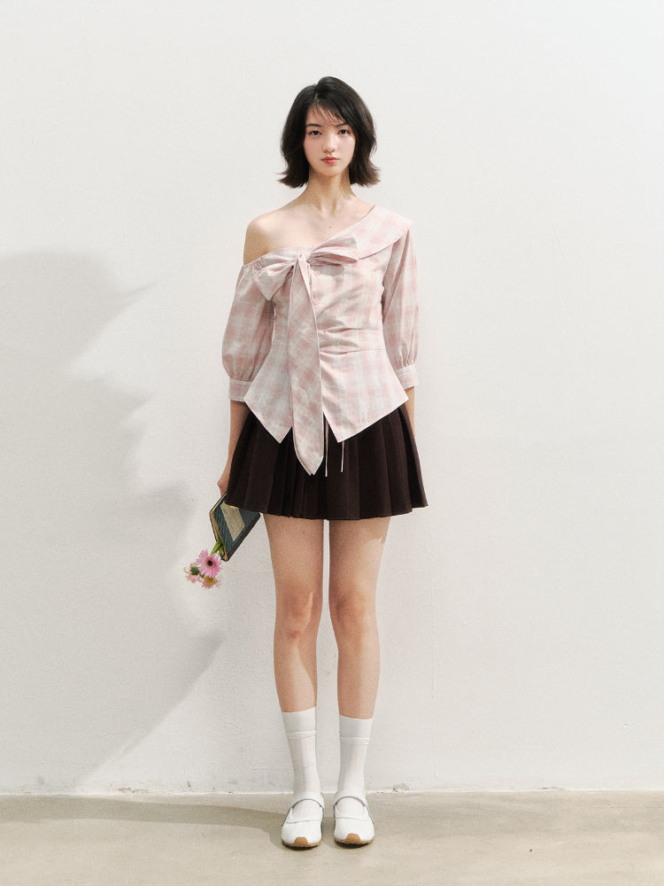 Checkered Bow One-Shoulder Asymmetric Waist-Cinching Shirt - CHINASQUAD