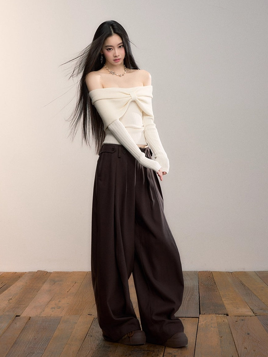 Off-Shoulder Bow Detail Knit Crewneck