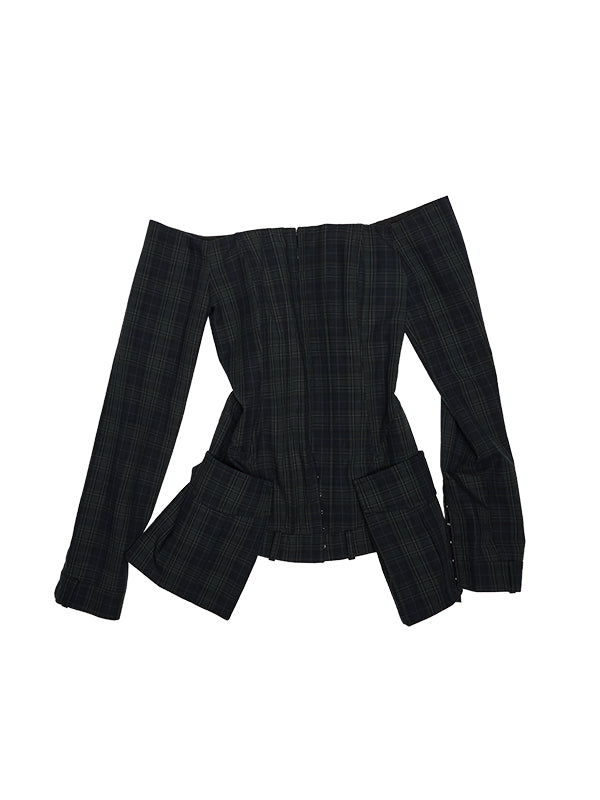 Green Check Off-Shoulder Plaid Blazer - CHINASQUAD