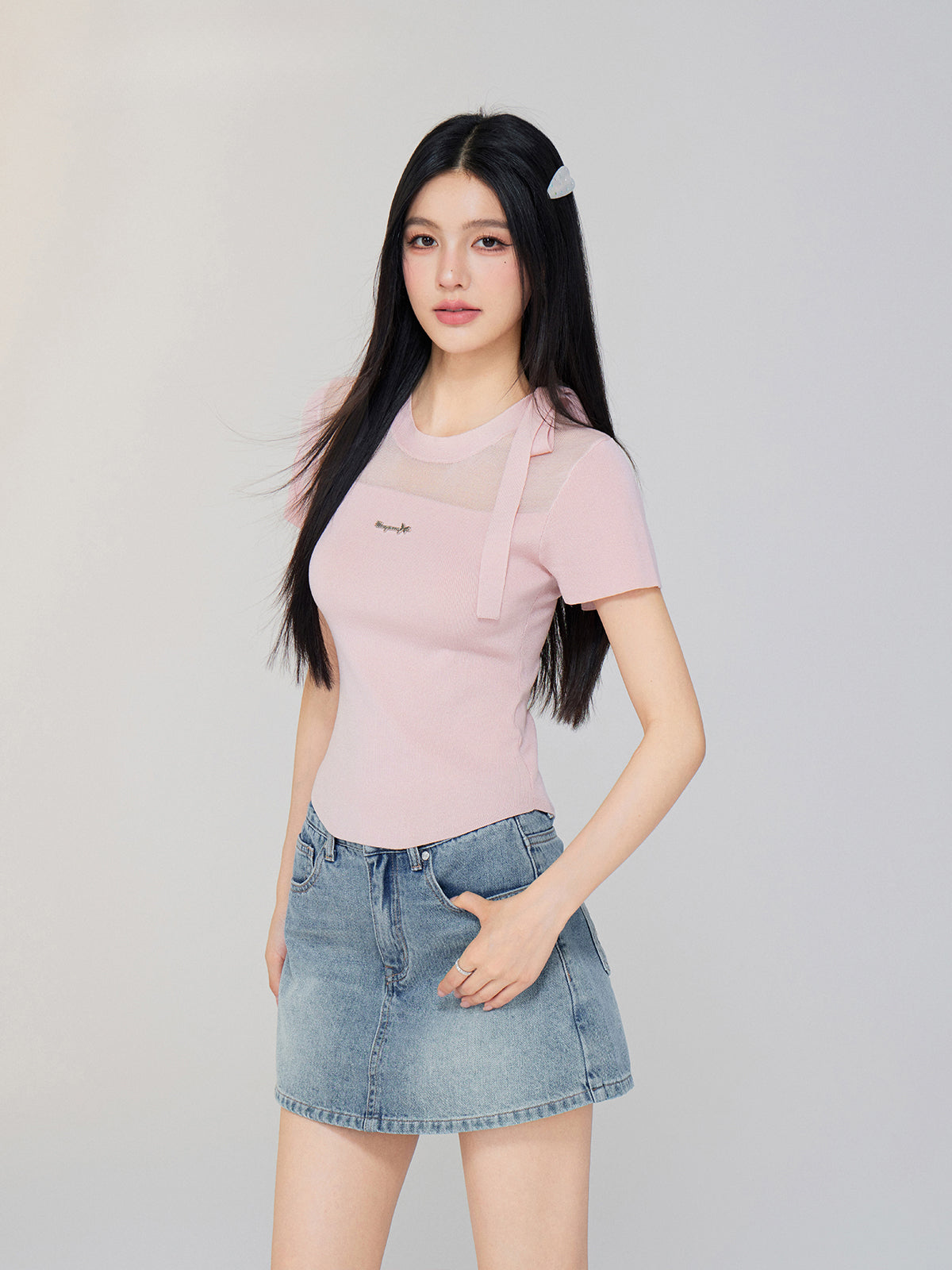 Hollow-out Tie-up Knit Round Neck Short Sleeve Top - CHINASQUAD