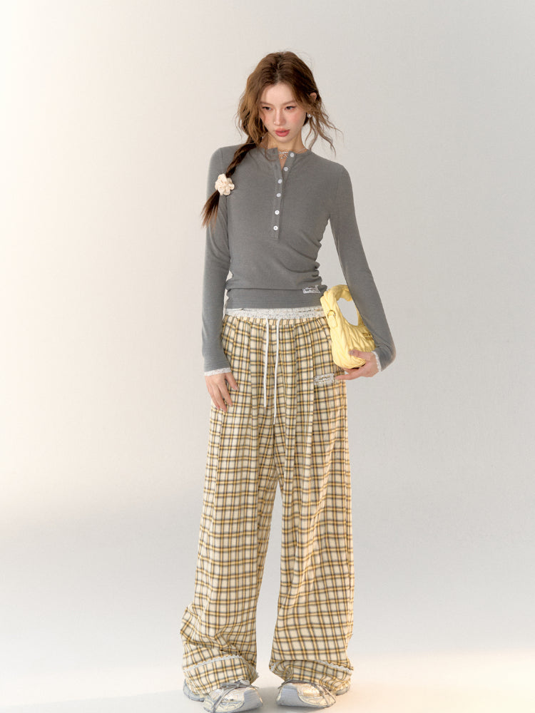 Lace-Trimmed Plaid Wide-Legged Pants - CHINASQUAD