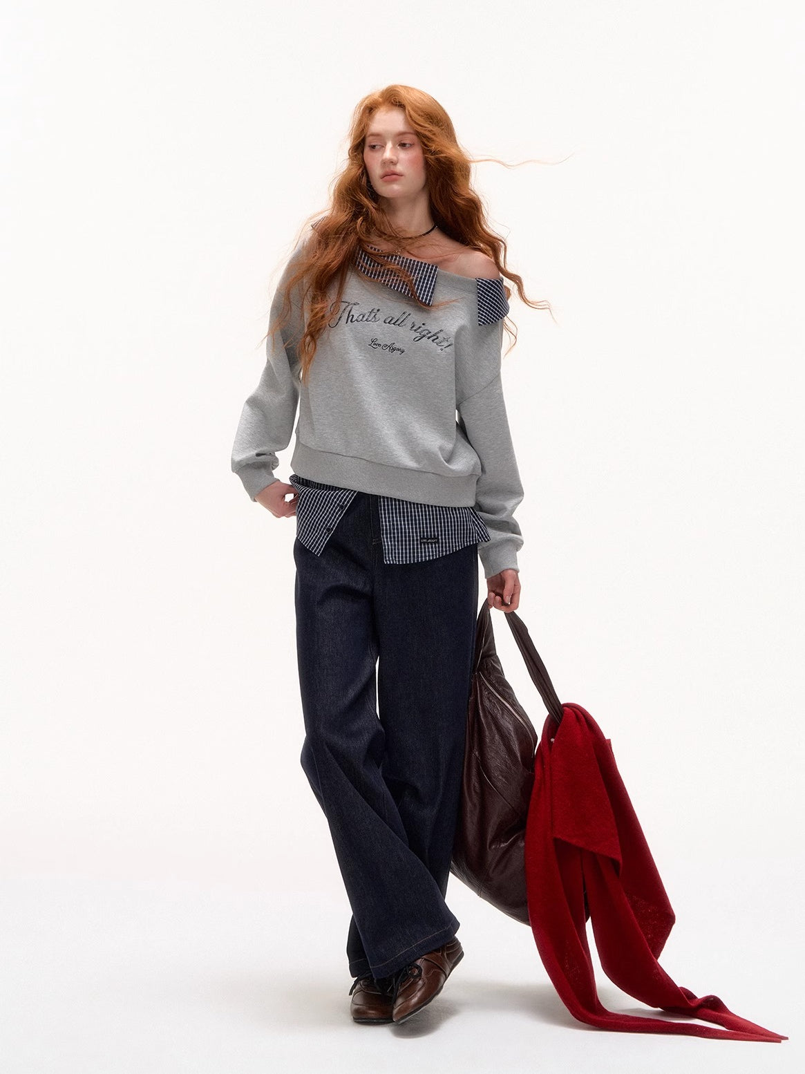 Off-Shoulder Plaid Patchwork Embroidered Sweatshirt - CHINASQUAD