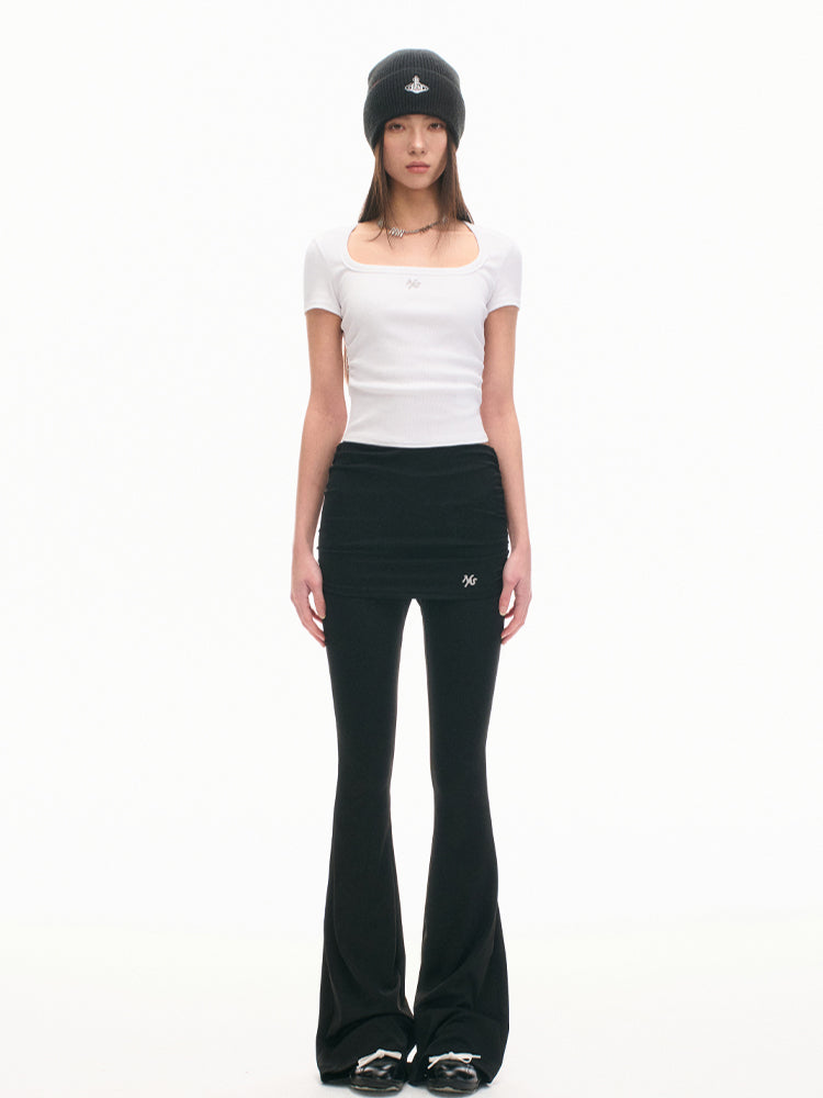 Faux Two-piece Mid-waist Pleated Flared Pants - CHINASQUAD