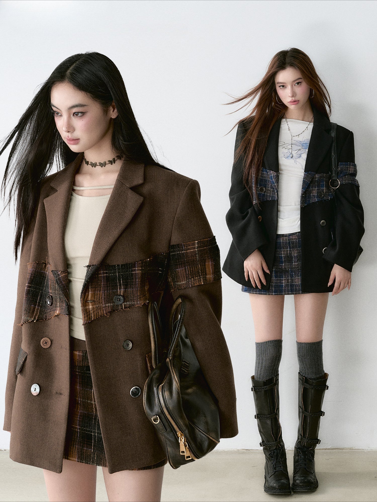 Wool Plaid Patchwork Mid-Length Coat - CHINASQUAD