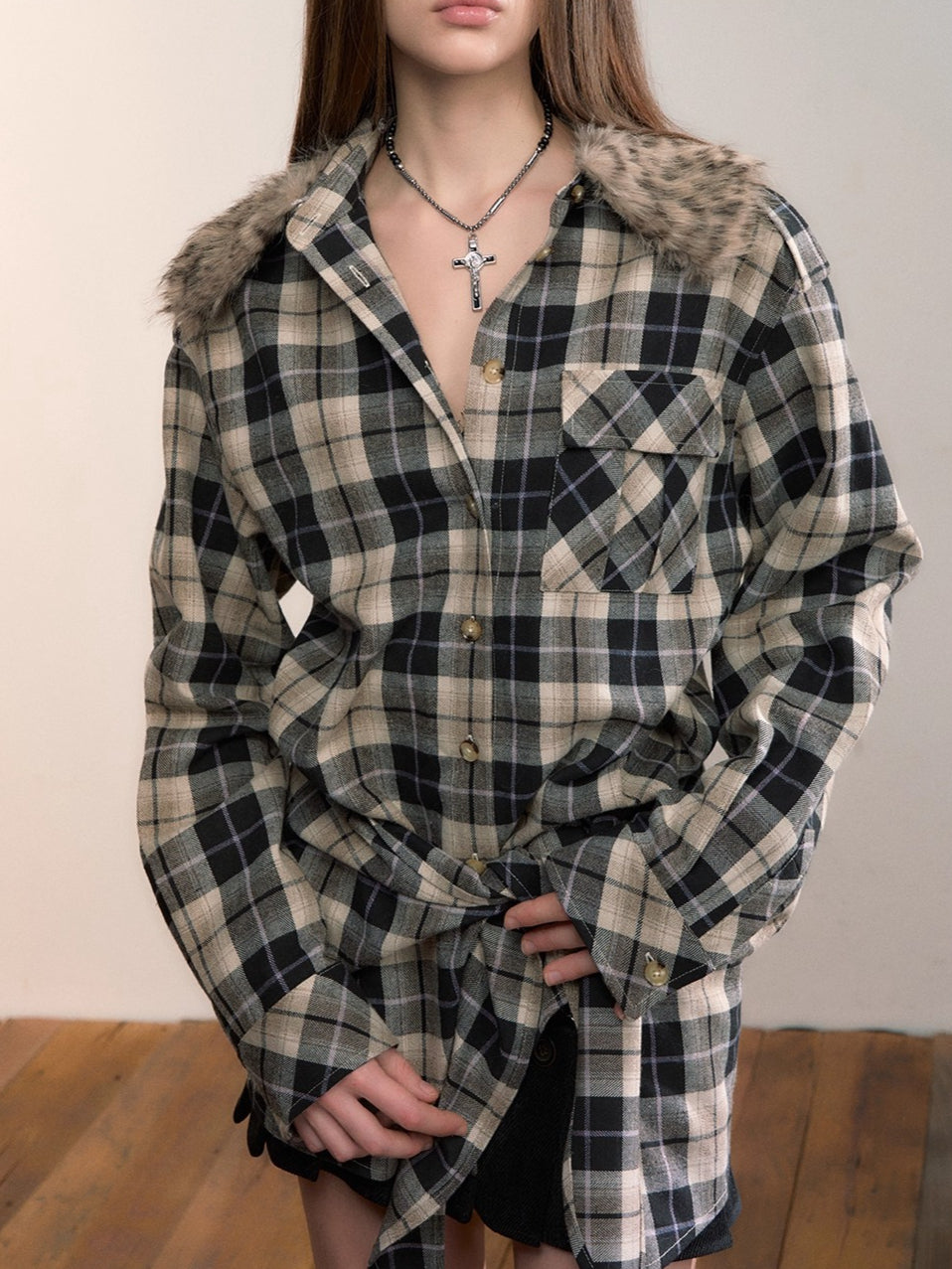 Plaid Detachable Fur Collar Two-Piece Shirt Set