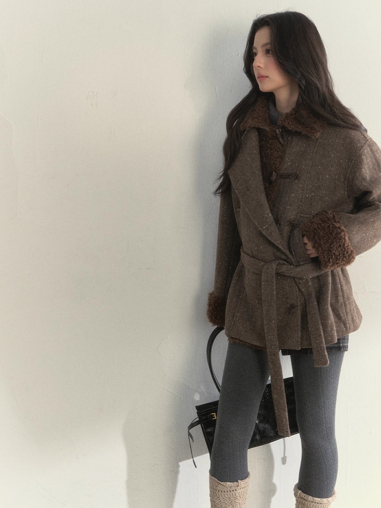 Deep Grey & Brown Wool Blend Fleece-Collar Coat